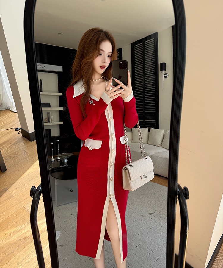 Package hip slim single-breasted V-neck dress for women