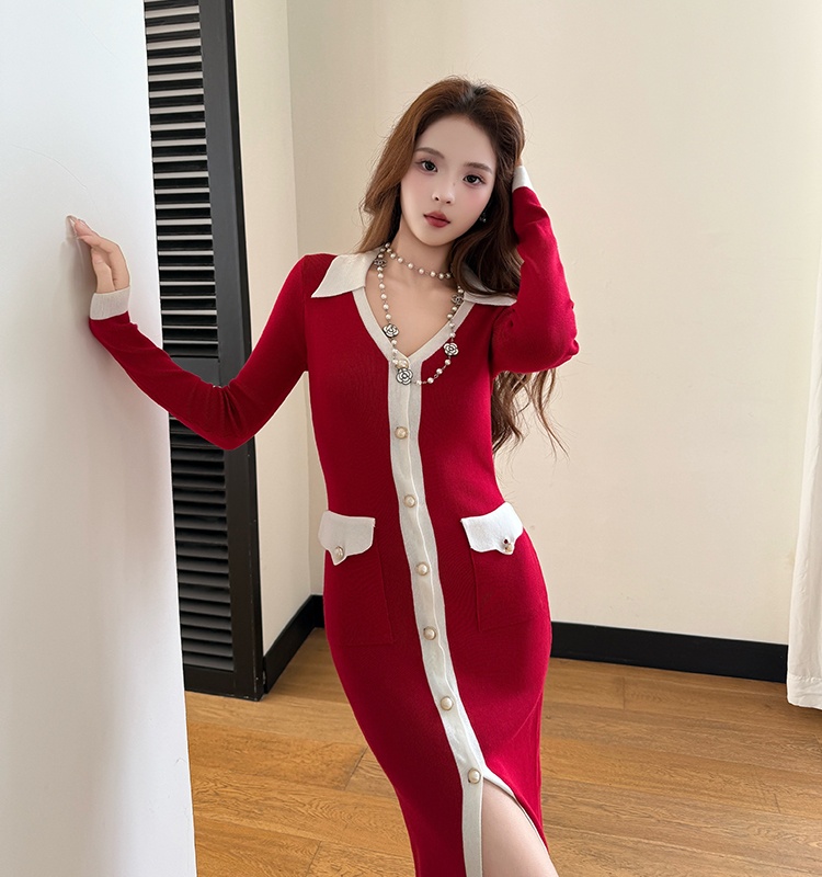 Package hip slim single-breasted V-neck dress for women