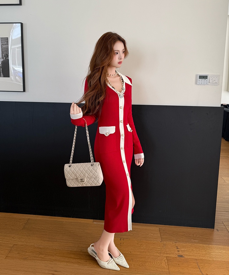 Package hip slim single-breasted V-neck dress for women