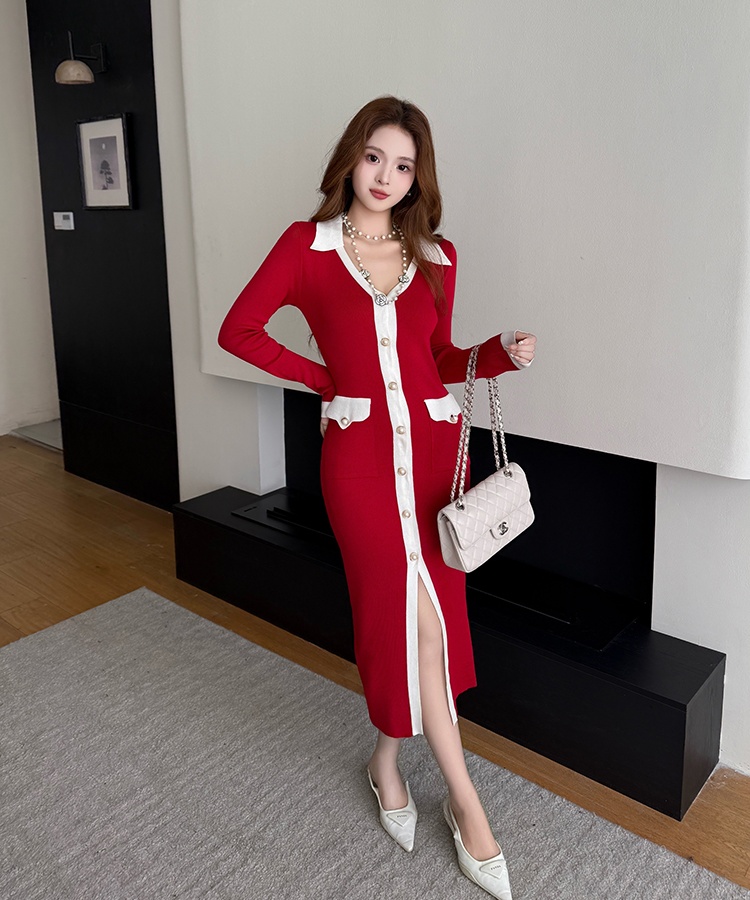 Package hip slim single-breasted V-neck dress for women