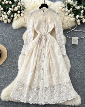 Embroidery elegant long dress pinched waist dress