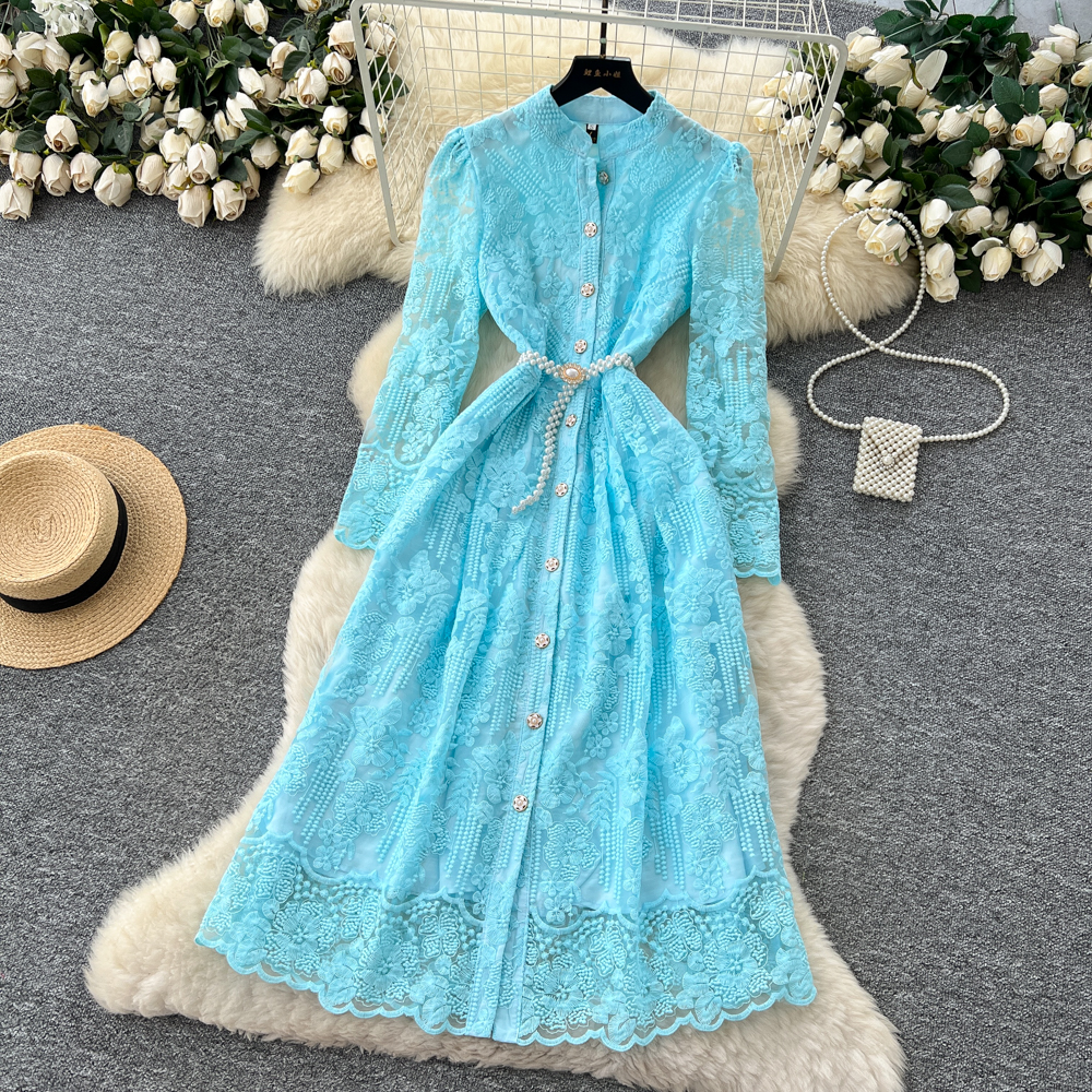 Embroidery elegant long dress pinched waist dress