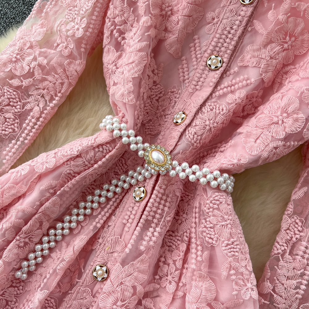 Embroidery elegant long dress pinched waist dress
