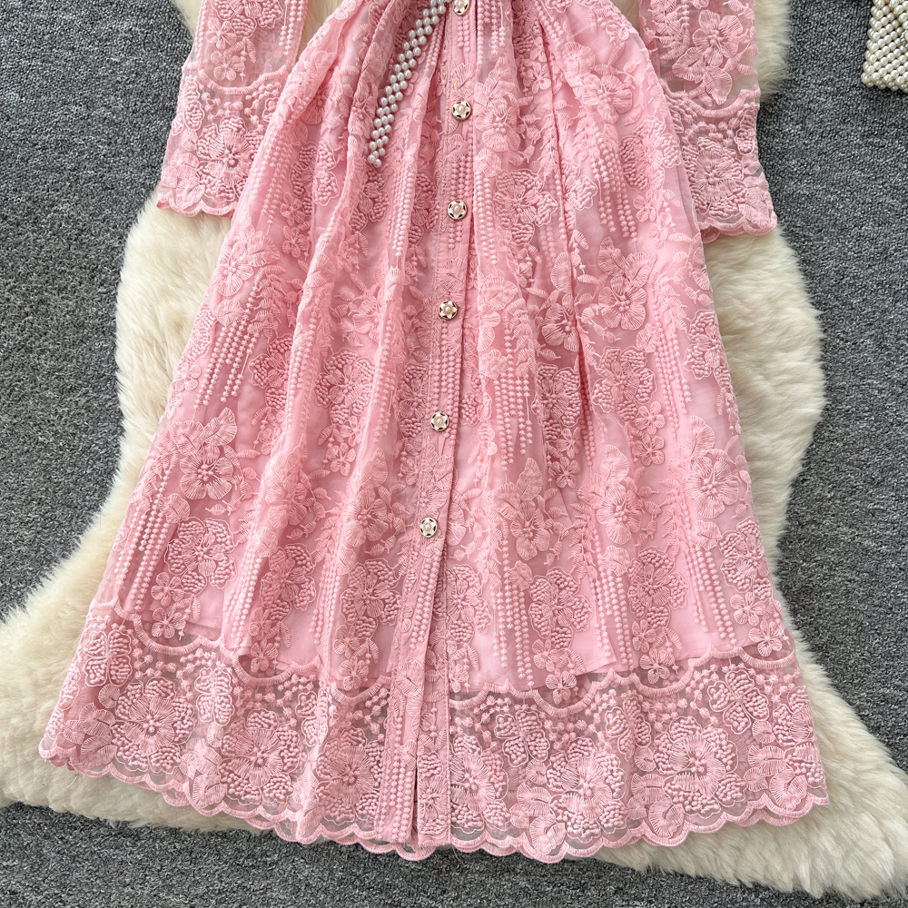 Embroidery elegant long dress pinched waist dress
