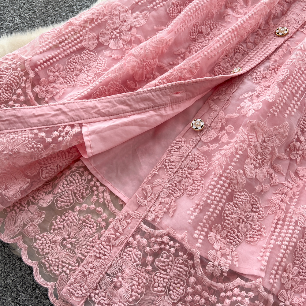 Embroidery elegant long dress pinched waist dress