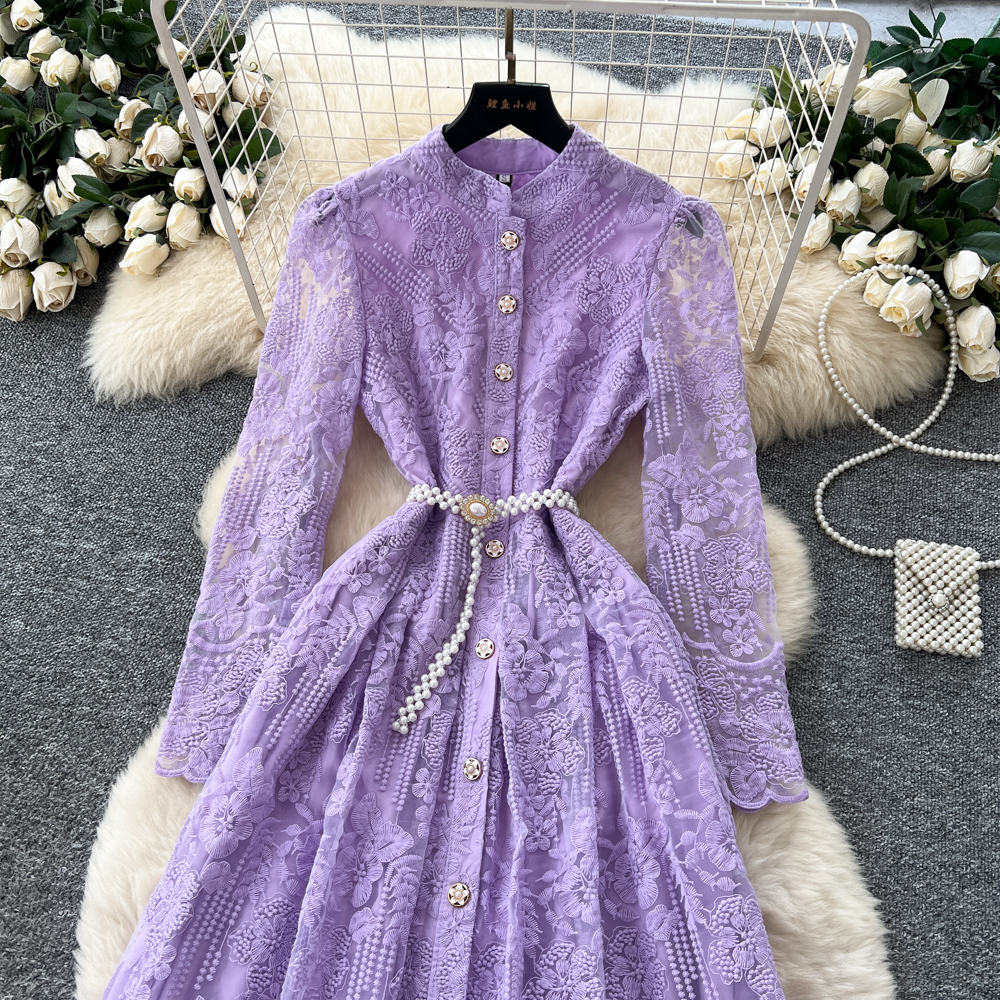 Embroidery elegant long dress pinched waist dress