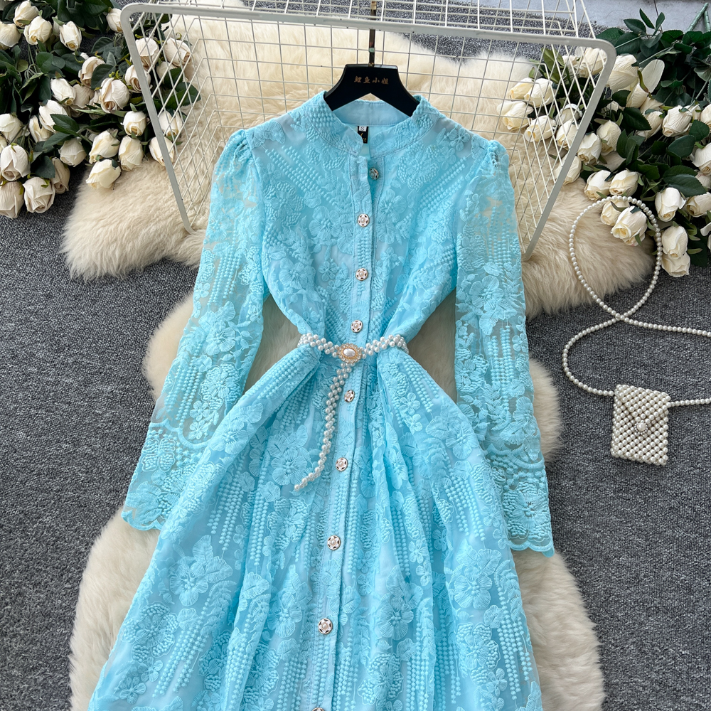 Embroidery elegant long dress pinched waist dress