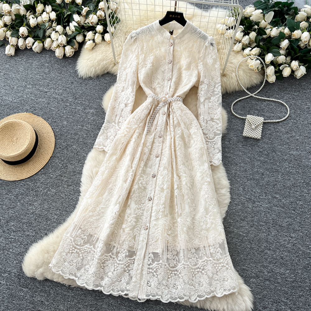 Embroidery elegant long dress pinched waist dress