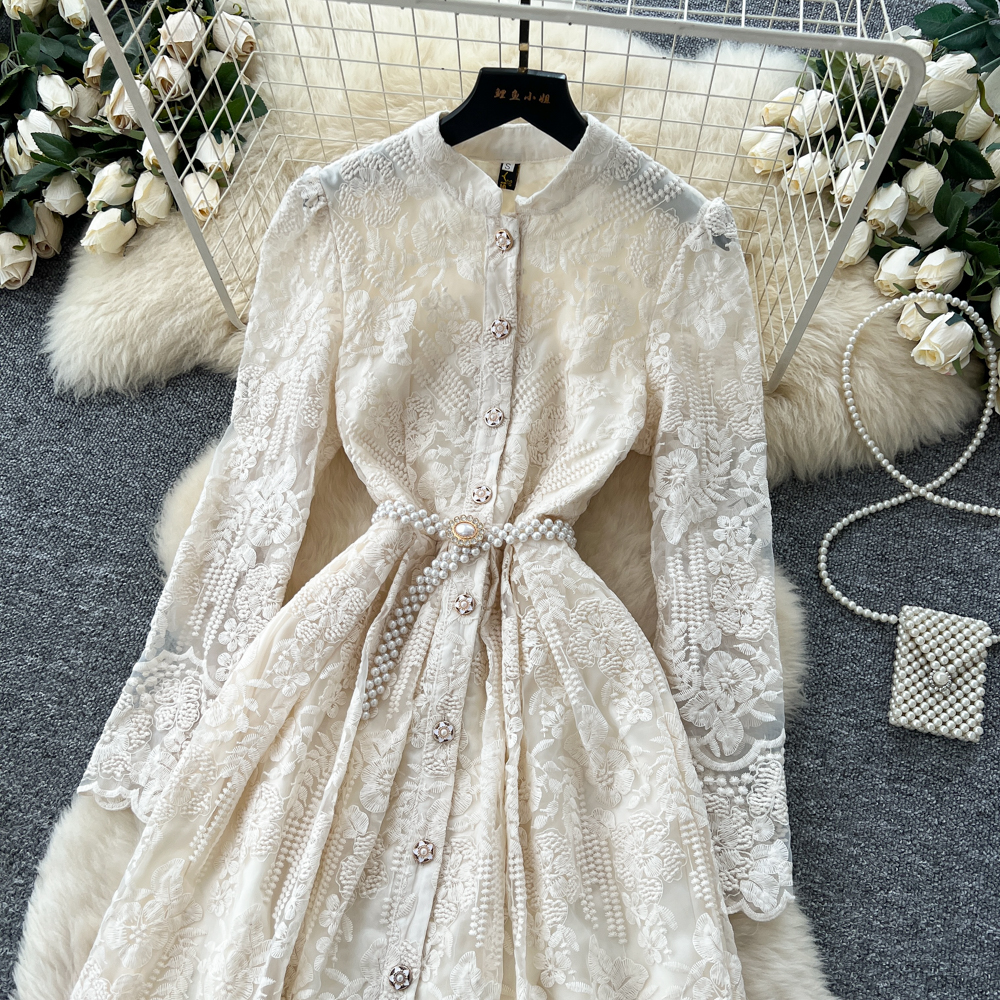 Embroidery elegant long dress pinched waist dress