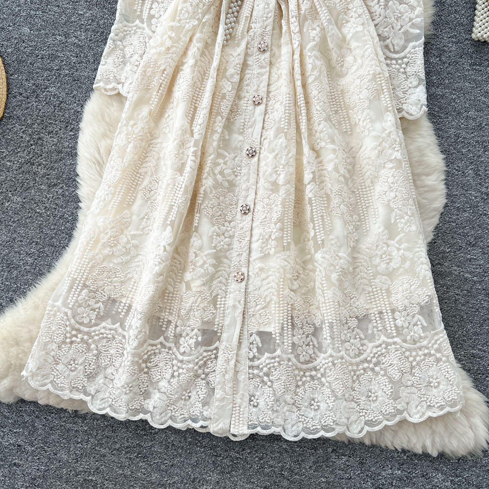 Embroidery elegant long dress pinched waist dress