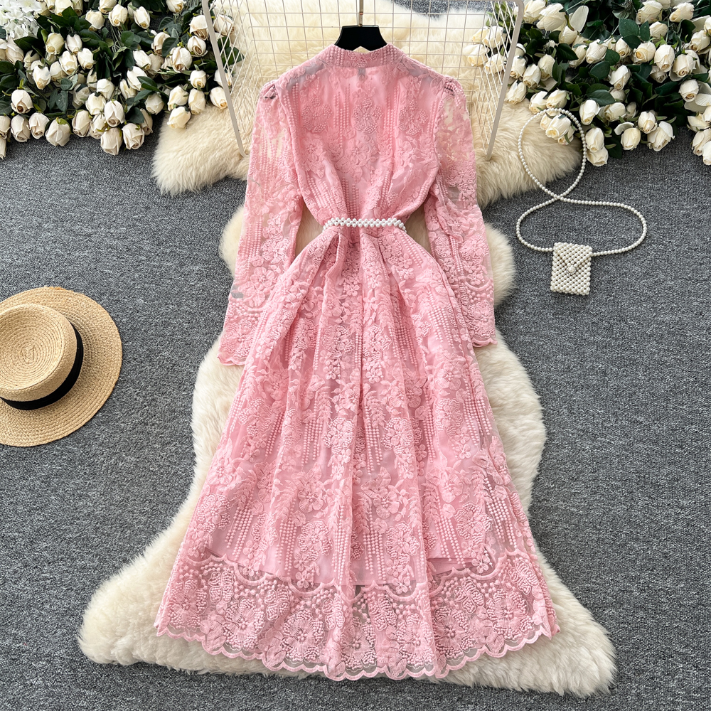 Embroidery elegant long dress pinched waist dress