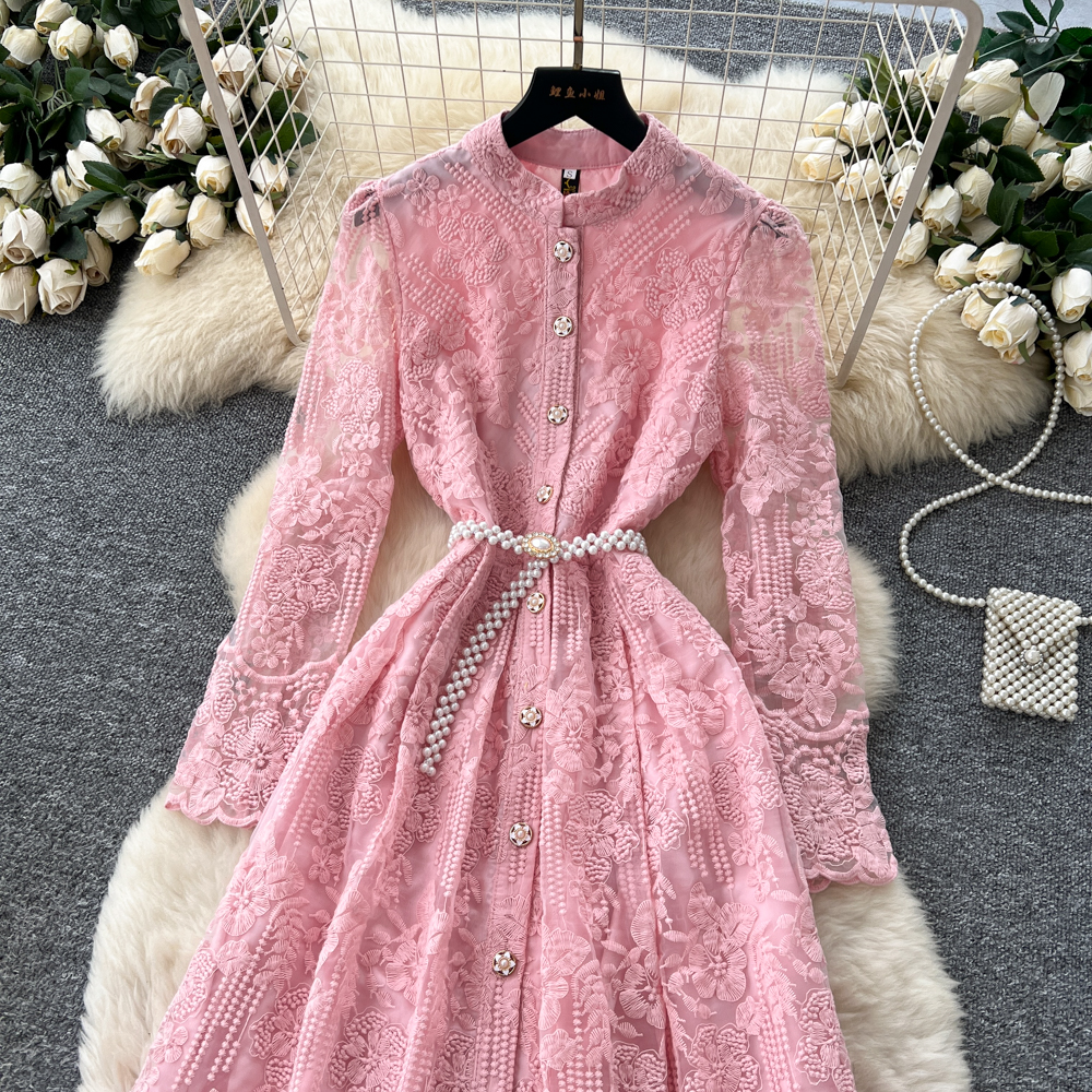 Embroidery elegant long dress pinched waist dress