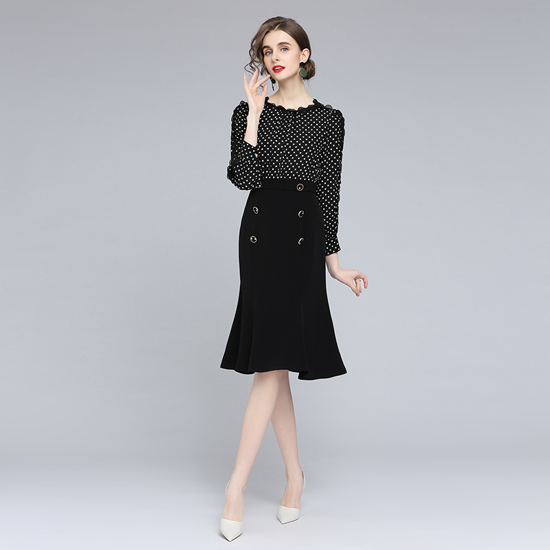 High waist autumn temperament polka dot dress for women