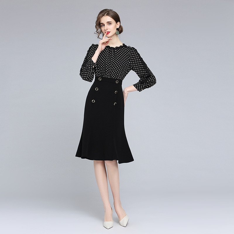 High waist autumn temperament polka dot dress for women