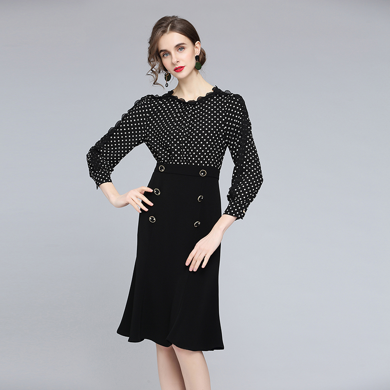 High waist autumn temperament polka dot dress for women