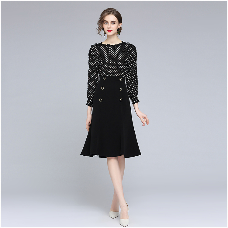 High waist autumn temperament polka dot dress for women