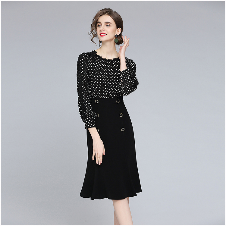 High waist autumn temperament polka dot dress for women