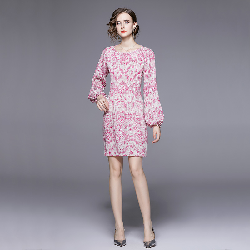 France style long sleeve autumn pink temperament dress