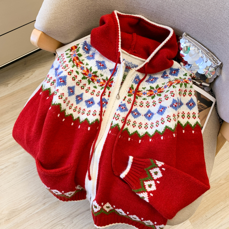 Loose red coat lazy hooded cardigan for women