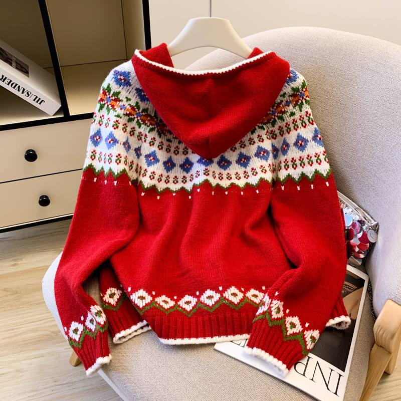 Loose red coat lazy hooded cardigan for women