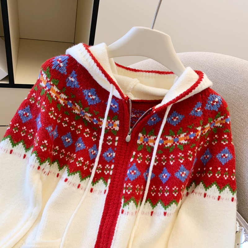 Loose red coat lazy hooded cardigan for women