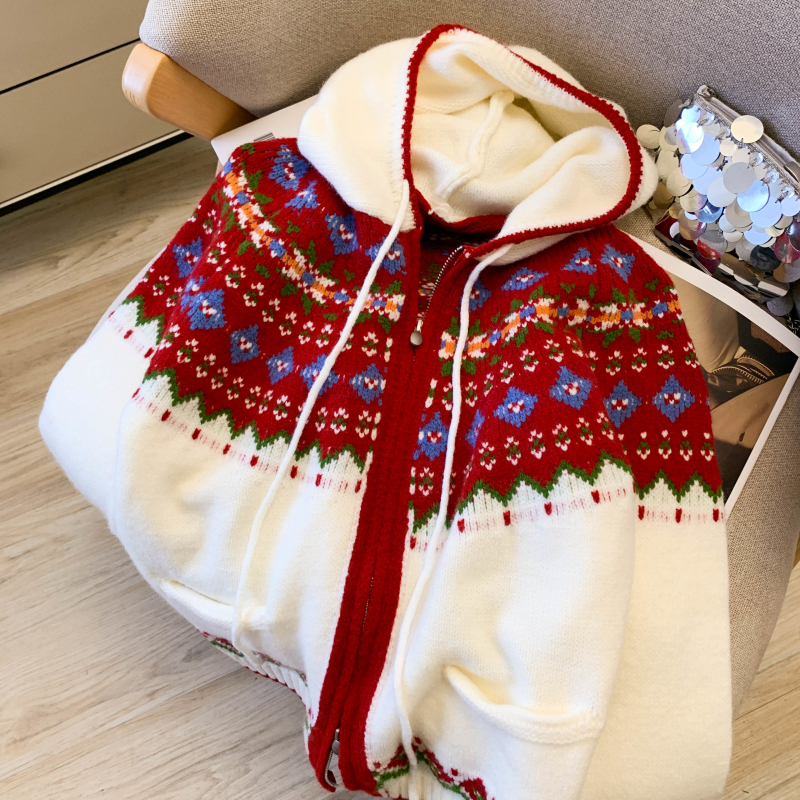 Loose red coat lazy hooded cardigan for women