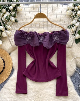 Flat shoulder long sleeve T-shirt strapless tops for women