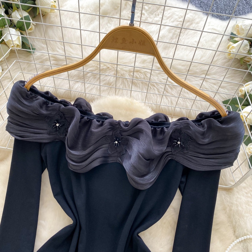 Flat shoulder long sleeve T-shirt strapless tops for women