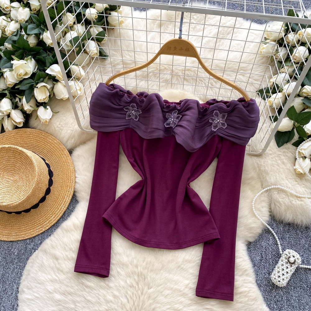 Flat shoulder long sleeve T-shirt strapless tops for women
