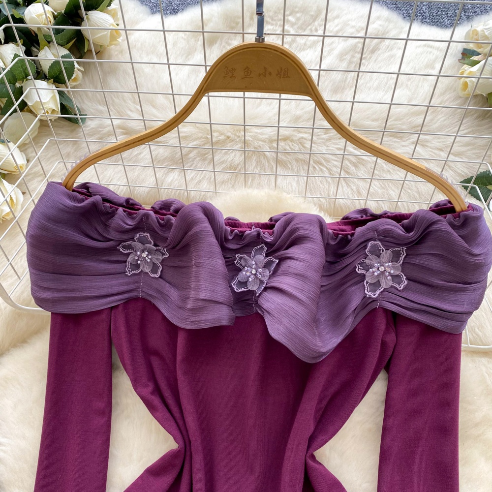 Flat shoulder long sleeve T-shirt strapless tops for women