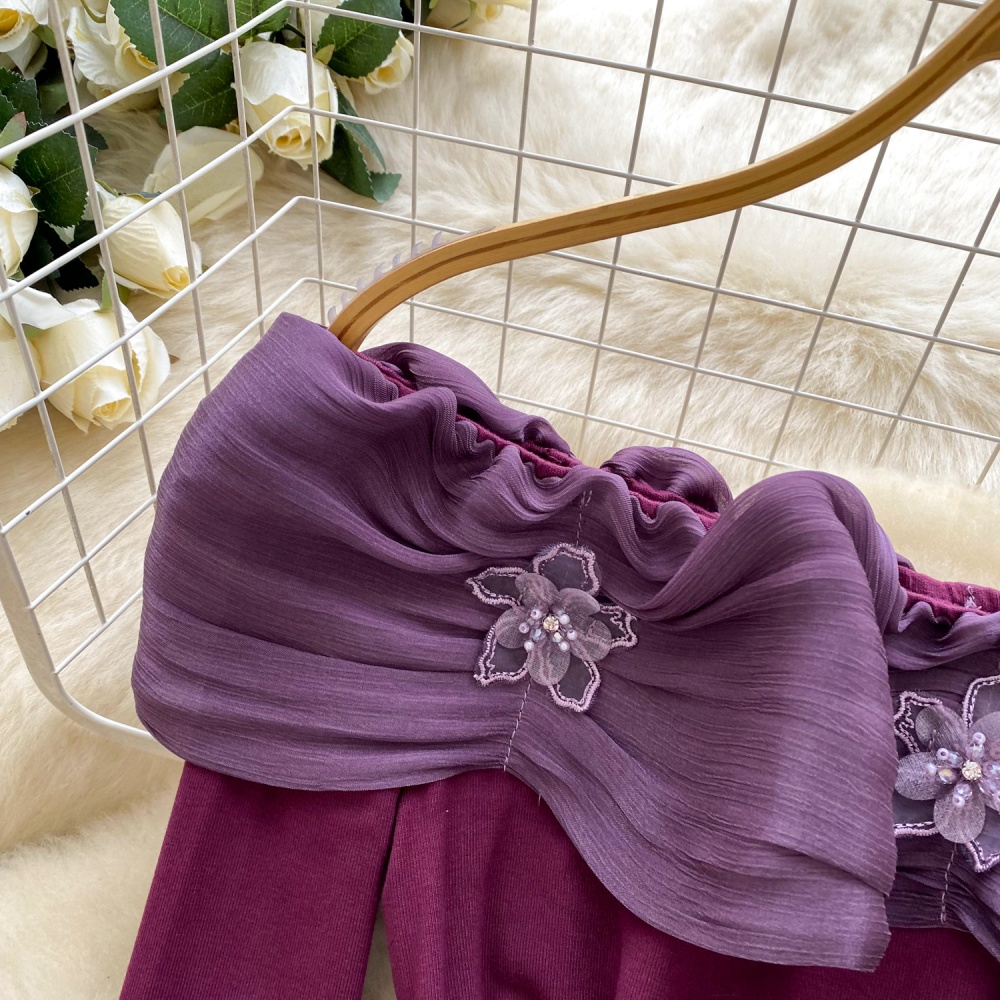 Flat shoulder long sleeve T-shirt strapless tops for women