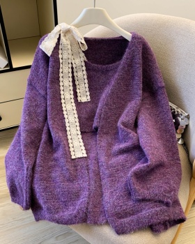 Lace bandage all-match vest long splice sweater 2pcs set
