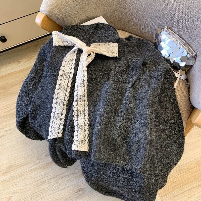 Lace bandage all-match vest long splice sweater 2pcs set