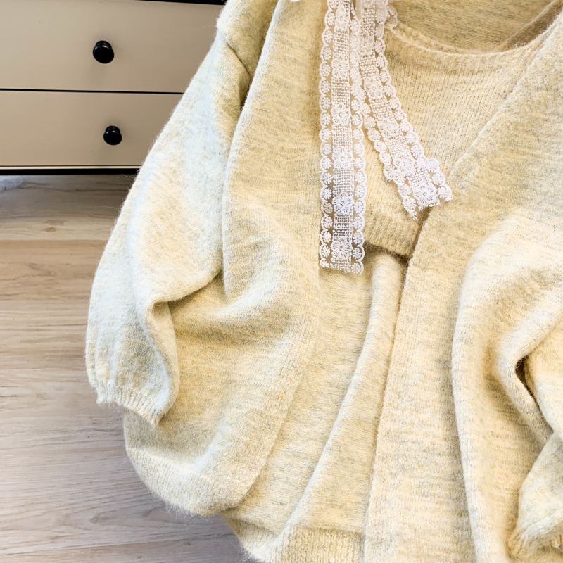 Lace bandage all-match vest long splice sweater 2pcs set