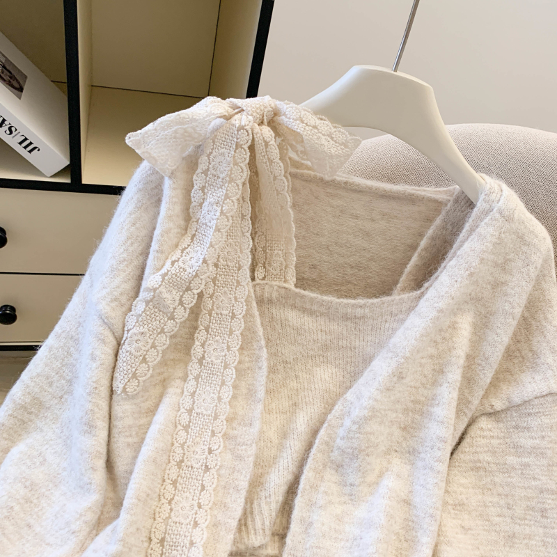 Lace bandage all-match vest long splice sweater 2pcs set