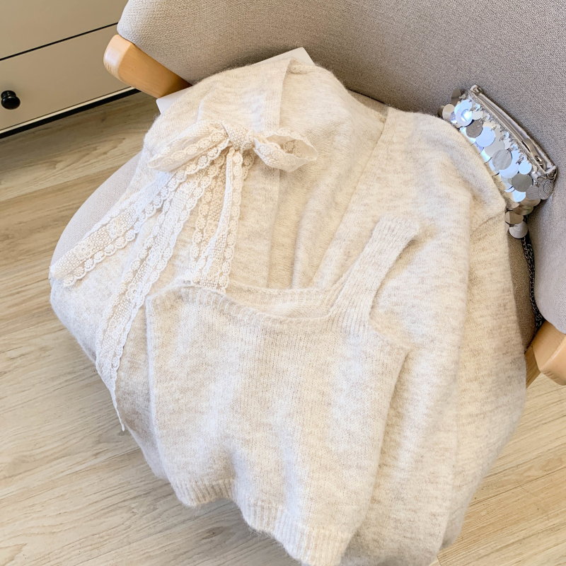 Lace bandage all-match vest long splice sweater 2pcs set