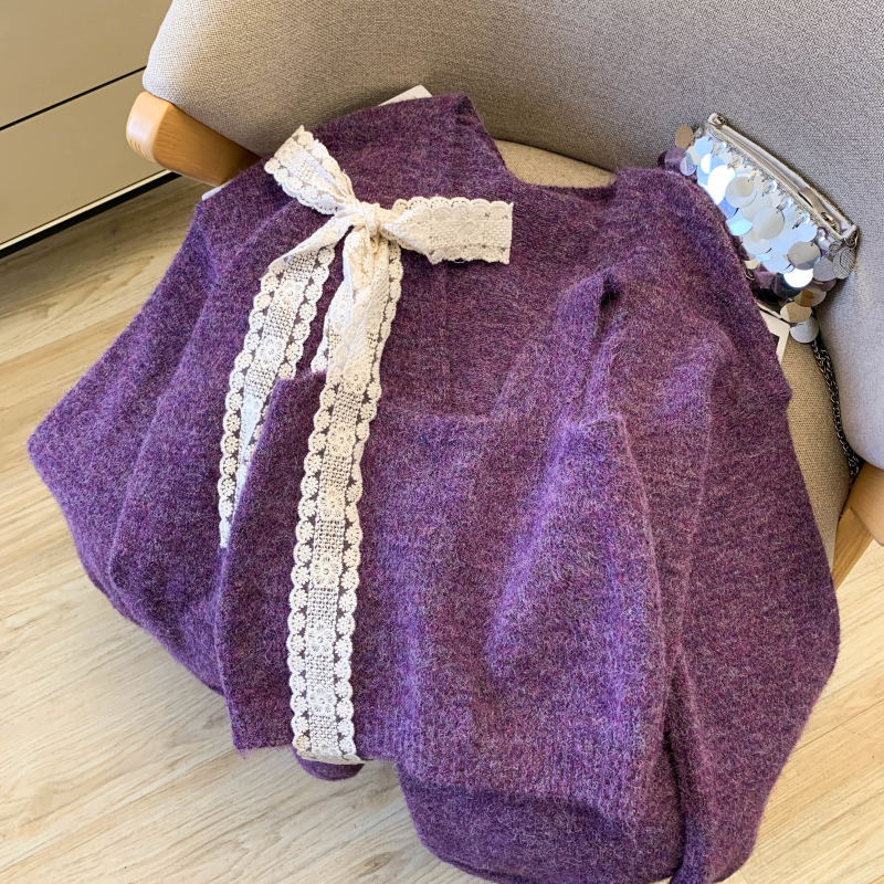 Lace bandage all-match vest long splice sweater 2pcs set