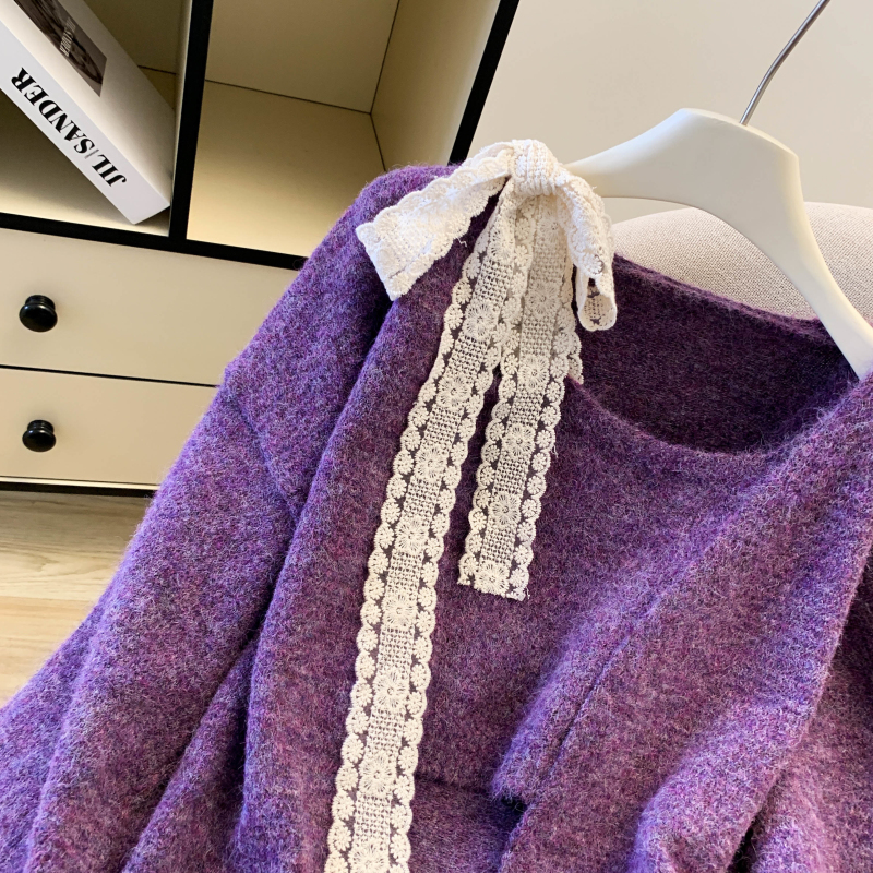 Lace bandage all-match vest long splice sweater 2pcs set