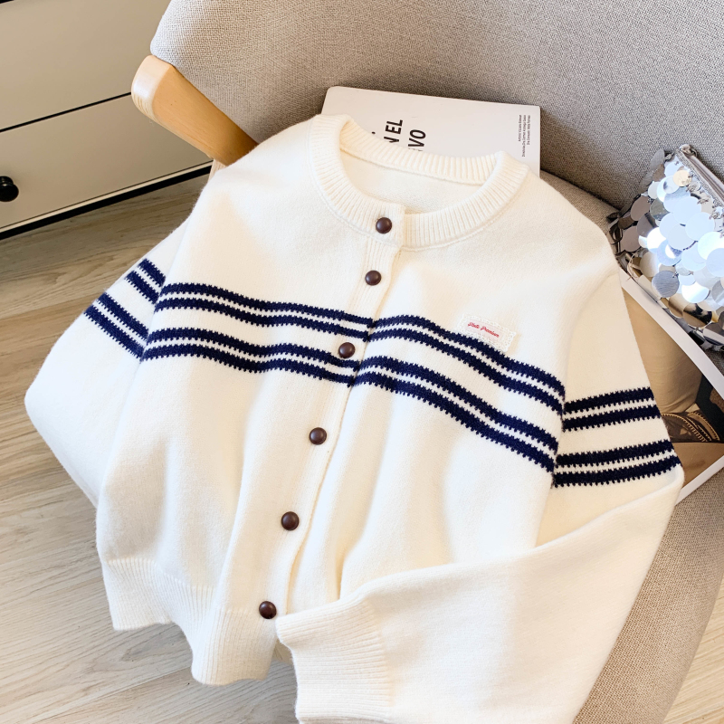 Slim fashion cardigan stripe round neck coat for women