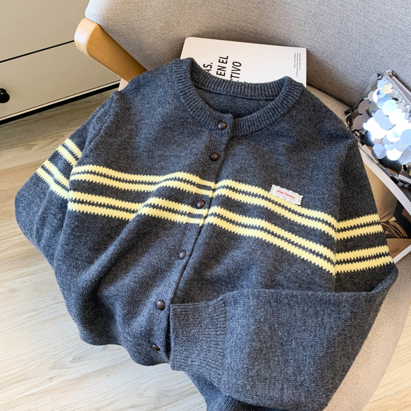 Slim fashion cardigan stripe round neck coat for women