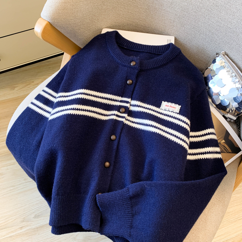 Slim fashion cardigan stripe round neck coat for women