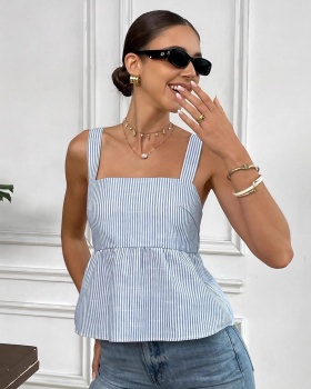 Square collar printing halter slim Casual sling stripe tops