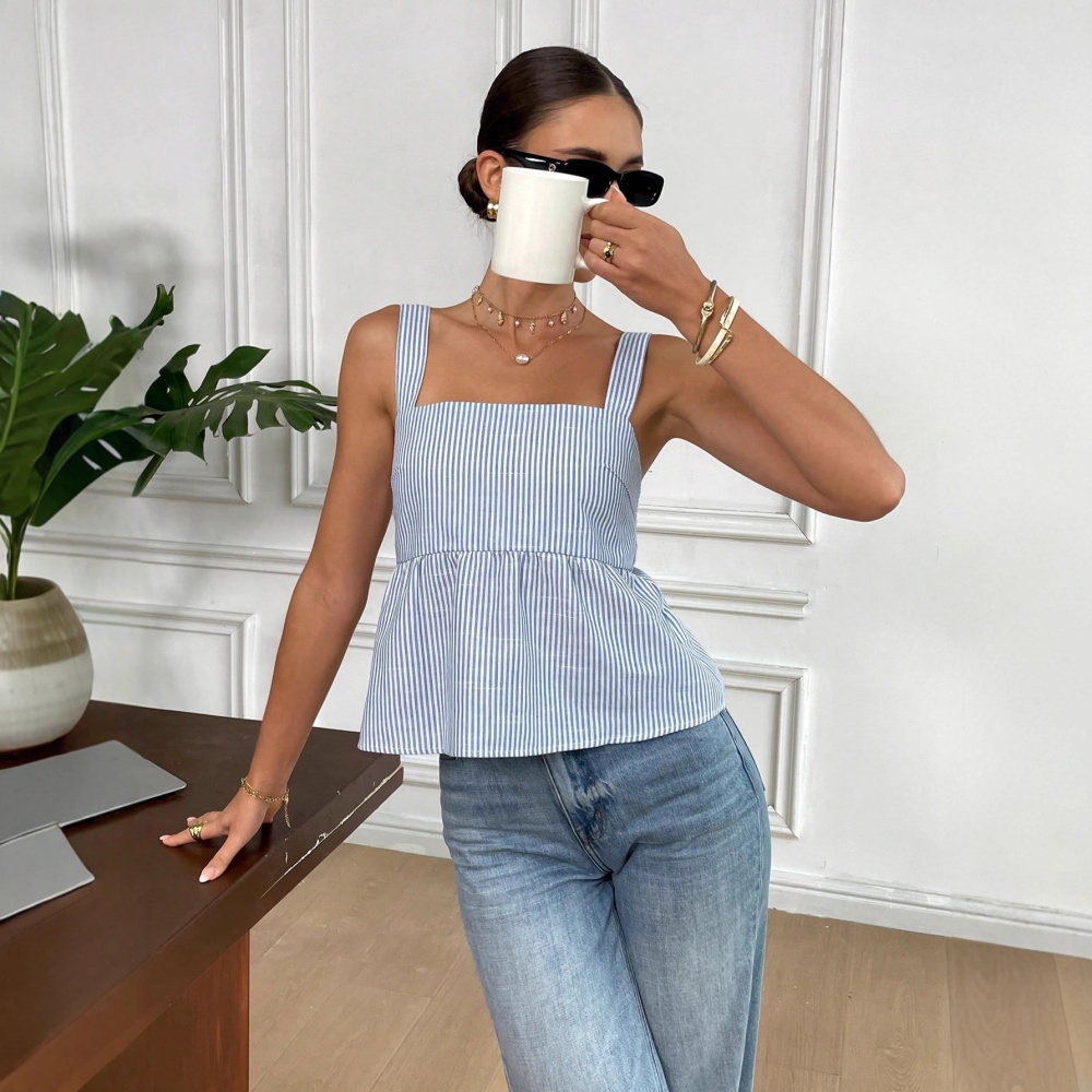 Square collar printing halter slim Casual sling stripe tops