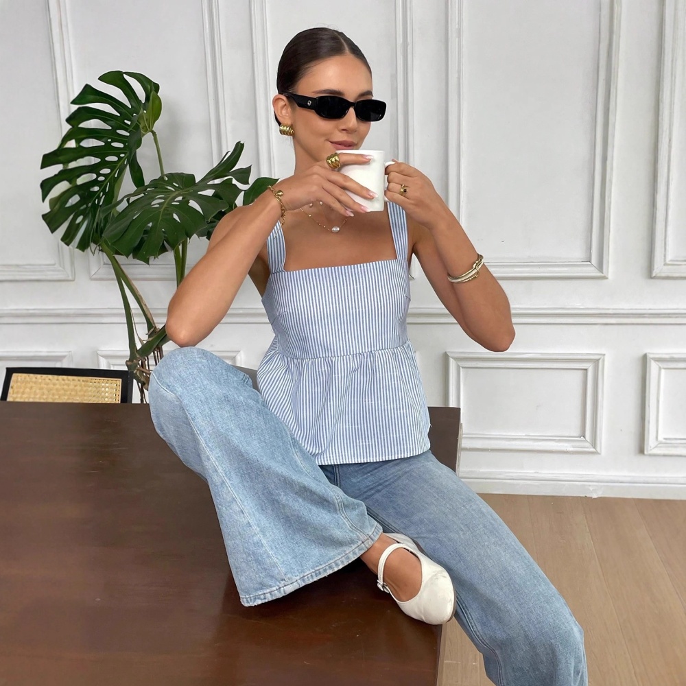 Square collar printing halter slim Casual sling stripe tops