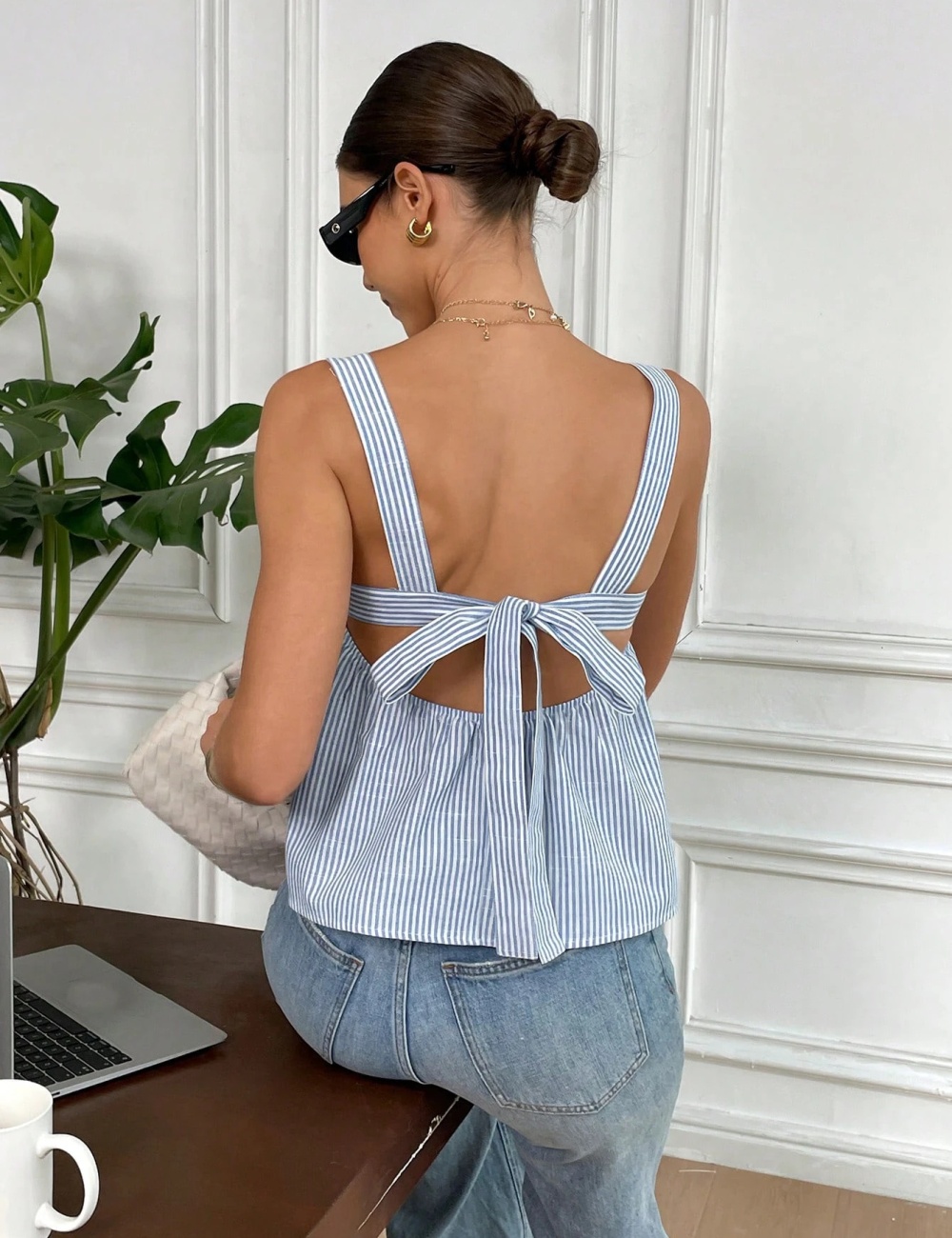 Square collar printing halter slim Casual sling stripe tops
