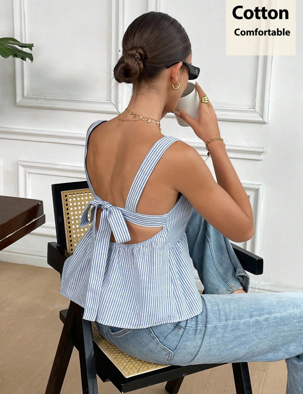 Square collar printing halter slim Casual sling stripe tops