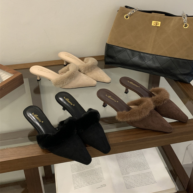 Autumn niche high-heeled half pointed slippers for women