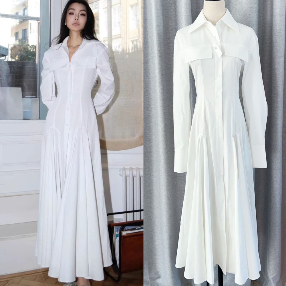 White spring light luxury shirt big skirt long sleeve dress