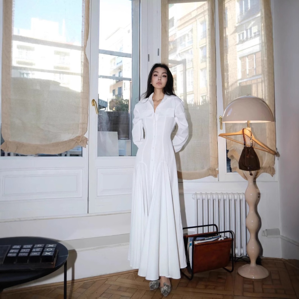 White spring light luxury shirt big skirt long sleeve dress