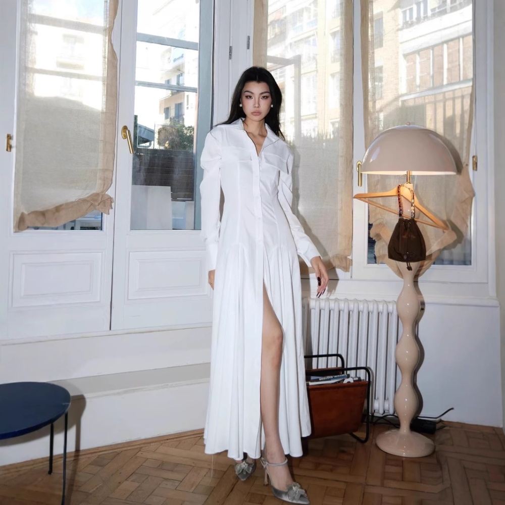 White spring light luxury shirt big skirt long sleeve dress
